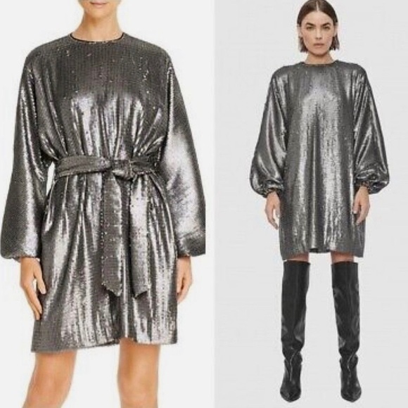NWT ANINE BING Silver Sequined Belted Cocktail Mini Dress Sz M - Picture 1 of 7